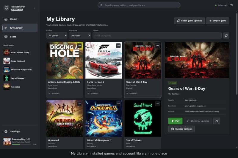 Interfața lansatorului Xodus Nexus care arată o bibliotecă Xbox Game Pass care rulează pe SteamOS