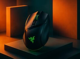 Razer Basilisk V4 Pro gaming mouse shown beside its Mouse Dock V2 Pro charging dock